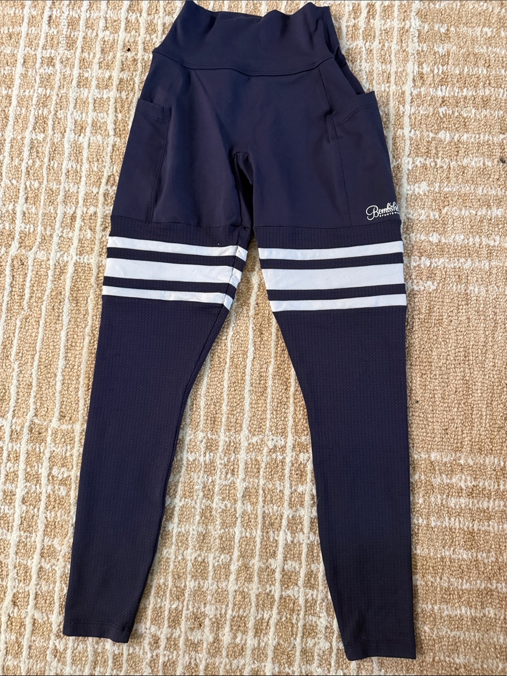 Bombshell Sportswear Navy Leggings with White Stripes